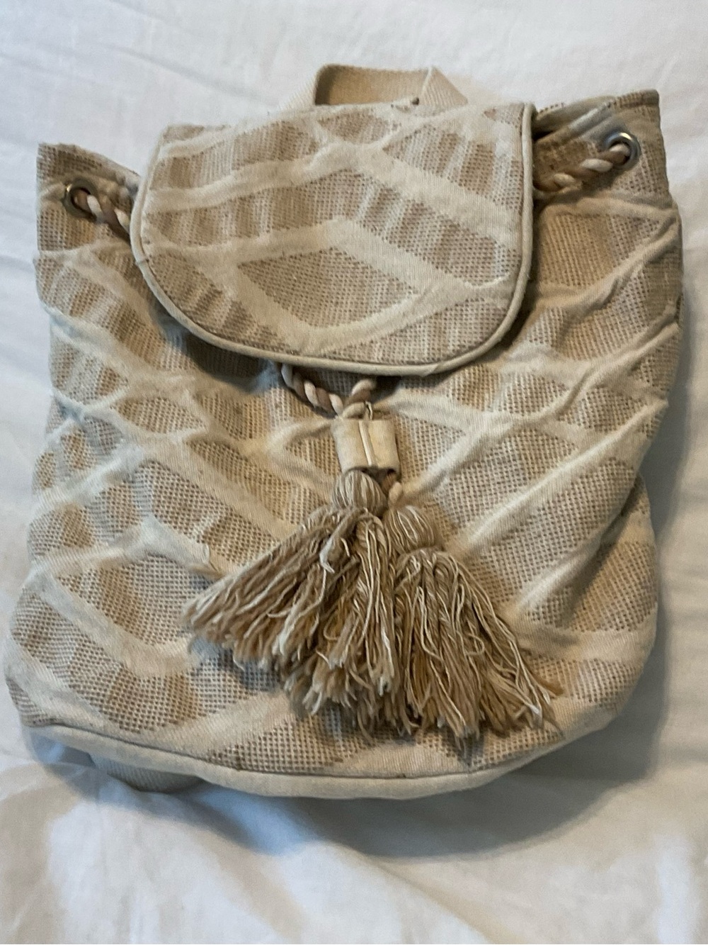 Neutral Tassel Drawstring Backpack - Beige/cream